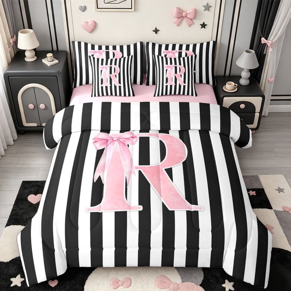 Manfei Pink Bows Monogrammed R 7-Piece King Bedding,Geometric Lines Art King Bed in a Bag,Pink Reversible