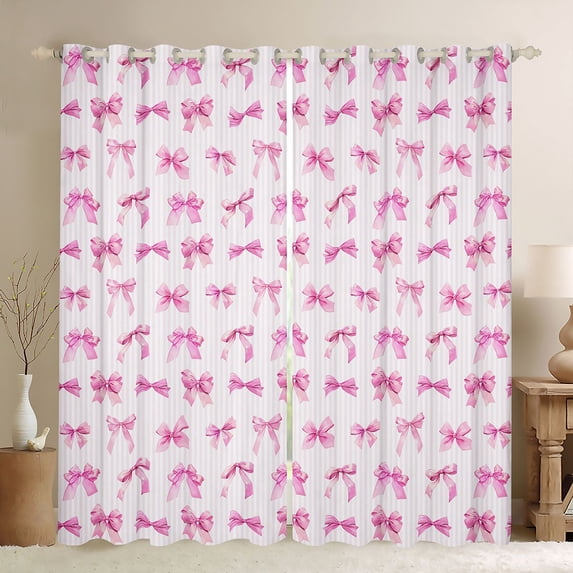 Manfei Pink Bows Stripe Print Curtains Pack of 2 (42x84 Each) for Girls, Cute Ribbon Bows Curtains Blackout
