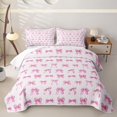 thumbnail image 1 of Manfei Pink Bows Stripe Print Quilt King for Girls, Cute Ribbon Bows King Coverlet Set, 1 of 7