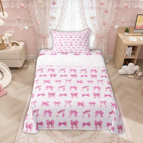 Manfei Pink Bows Stripe Print Twin Sheet Sets for Girls, Cute Ribbon Bows Bedding, 3 Pieces