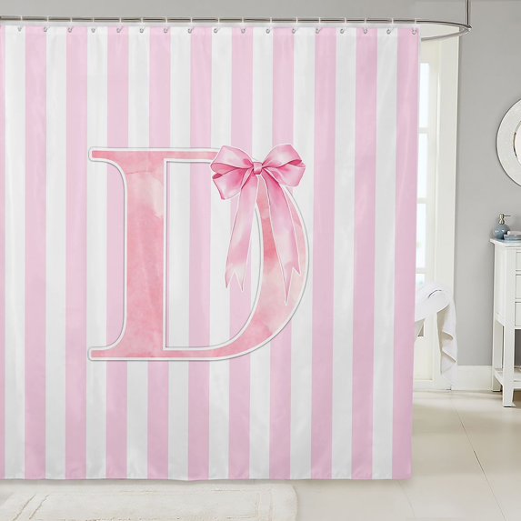 Manfei Pink Bowtie Monogrammed Print D Shower Curtain 72Wx84L,Geometric Stripes Pattern Bathroom Shower Curtain