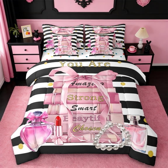 Manfei Pink Bowtie Perfume Bedding Comforter Set 7-Piece,Romance Lipstick King Bedding Sets,Black Geometric Stripes Bed Sheets For Child,Microfiber Bedroom Decor,Reversible
