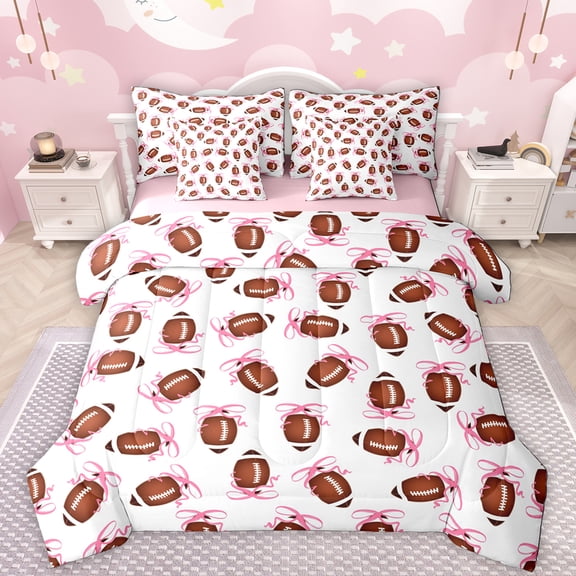 Manfei Pink Bowtie Ribbon 7-Piece Bedding Comforter Set,Rugby Sport Game King Bedding Sets,Boys Football Lovers Bed Sheets For Boy Girl,Microfiber Bedroom Decor Reversible