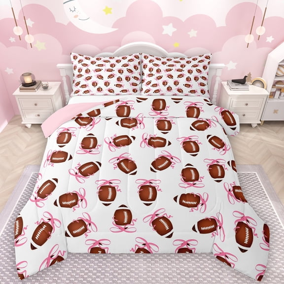 Manfei Pink Bowtie Ribbon Bedding Comforter Set,Rugby Sport Game Twin Comforter Sets,Boys Football Lovers Bedding Set For Boy Girl,Microfiber Bedroom Decor Reversible,2-Piece