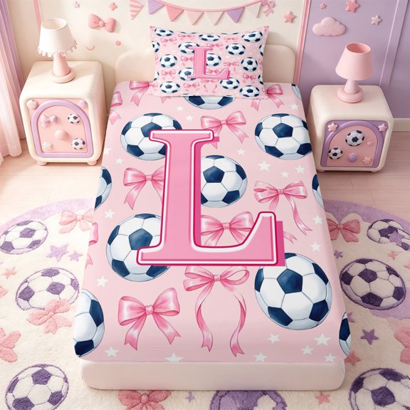 Manfei Pink Bowtie Twin Fitted Sheet,Personalized Initial L Bedding,2pcs,1 Fitted Sheet and 1 Pillowcase