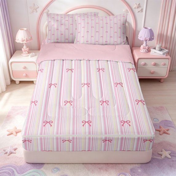 Manfei Pink Bowtie Zipper Queen Comforter Set with Fitted Sheet and 2 Pillowcases,Geometric Lines Art Zipper Bedding Set,Pink Reversible,4-Piece