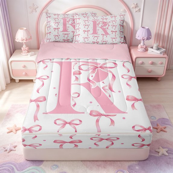 Manfei Pink Bowtie Zipper Twin Comforter Sets with Fitted Sheet and 2 Pillowcases,Initial Alphabet R Zipper Bedding Set,Pink Reversible,4-Piece
