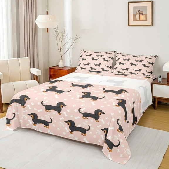 Manfei Pink Brown Dachshund Bed Sheets for Teens, Kawaii Pet Dog Lover King Sheets, Cartoon Animal Sheet Set, Microfiber Bedroom Decor, 4 Pieces