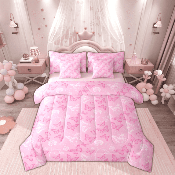 Manfei Pink Butterfly Bedding Comforter Set 7 Pieces for Teen, Garden Floral Full Bedding Set, Modern Fashion Reversible Fitted Sheet Flat Sheet, Lightweight Room Decor