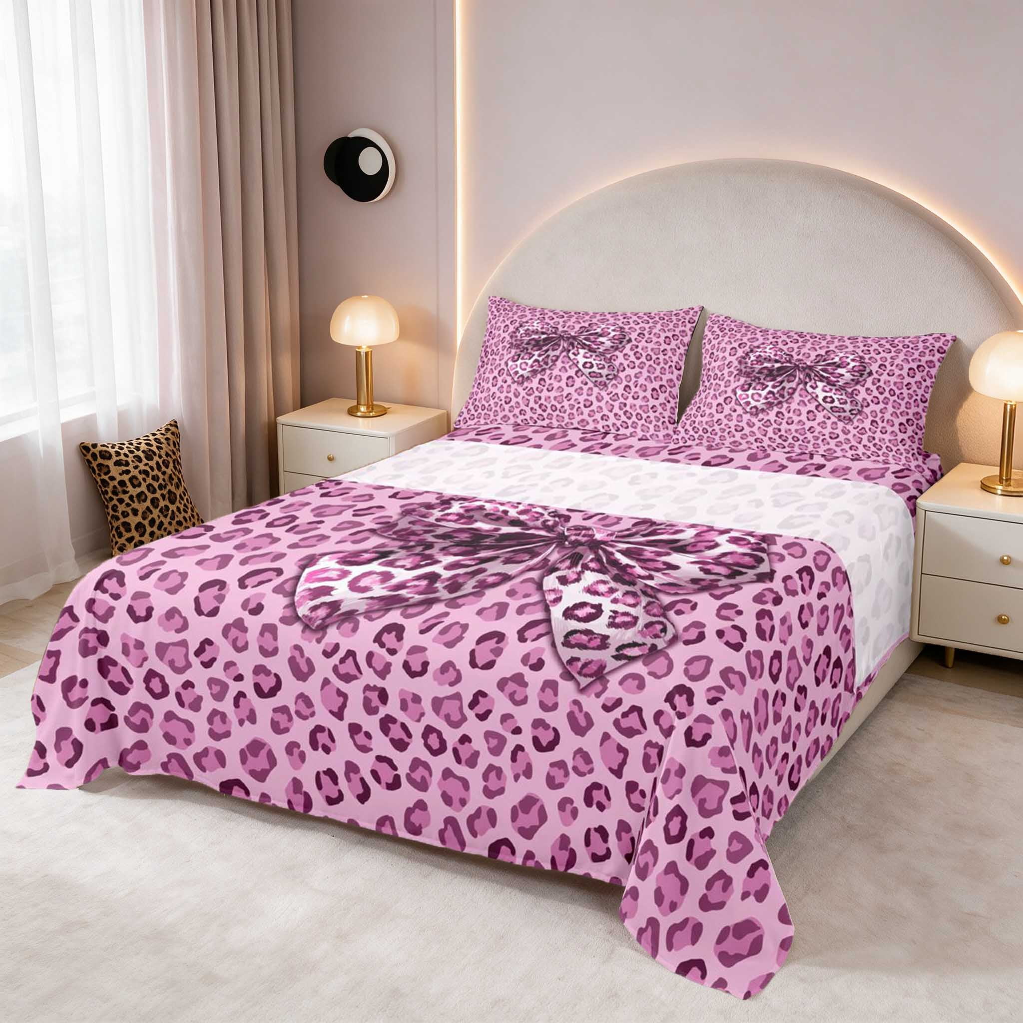 Manfei Pink Butterfly Bow Queen Sheets, Orchid Leopard Ribbon Queen ...