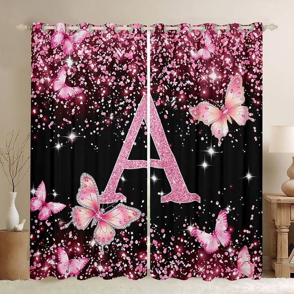 Manfei Pink Butterfly Kitchen Curtains,Girls Personalized Letter A Black Out Curtains Pack of 2 (42x63 Each)