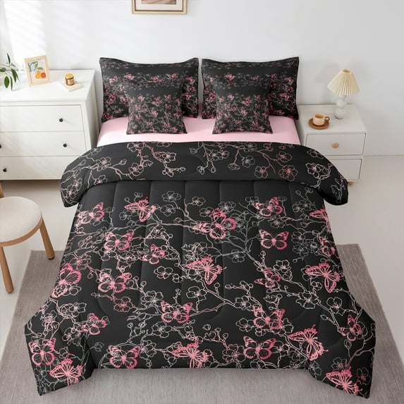 Manfei Pink Butterfly Print Bedding Comforter Set 7pcs, Romantic Blossoms Flower Queen Bedding Sets, Vintage French Style Reversible Queen Sheet Sets, Lightweight Room Decor