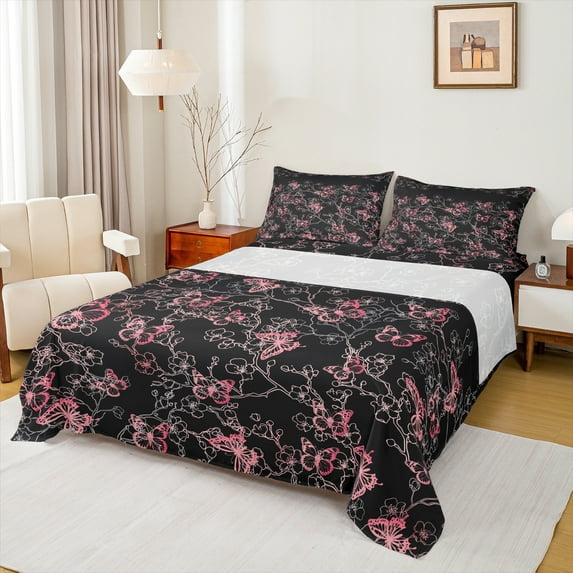 Manfei Pink Butterfly Print Full Size Sheets, Romantic Blossoms Flower Bed Sheets, Vintage French Style Sheet Sets, Lightweight Room Decor, 4-Piece