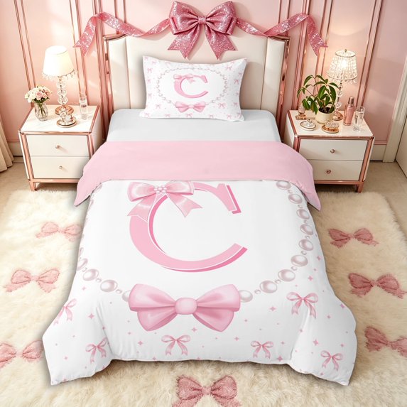Manfei Pink C Personalized Initial Twin Bedding for Kids Girls,Cute Bow Tie Bling Pearl Print Duvet Cover Set for Teens Women,Pink Reversible,Ultra Soft Home Decor,2pcs,No Comforter
