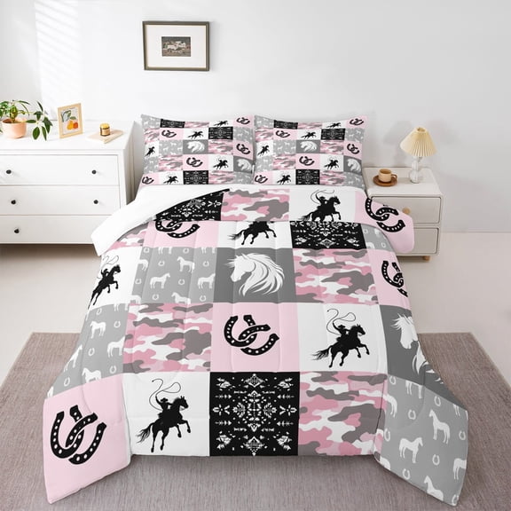 Manfei Pink Camouflage Bedding Comforter Set,Western Farmhouse Cowboy Twin Comforter Sets,Retro Horseshoe Bedding Set For Children,Super Cozy Room Decor,2-Piece