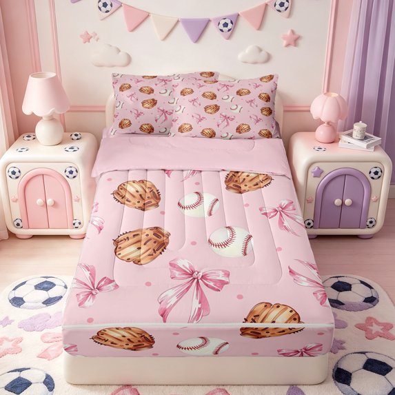 Manfei Pink Cartoon Bows Zipper Twin Comforter Sets with Fitted Sheet and 2 Pillowcases,Baseball Sport Themed Zipper Bedding Set,Pink Reversible,4 Pieces
