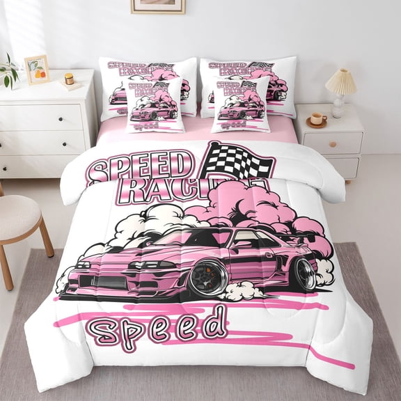 Manfei Pink Cartoon Car 7-Piece Twin Bedding,Checkered Flag Bedding Comforter Set,Pink Reversible