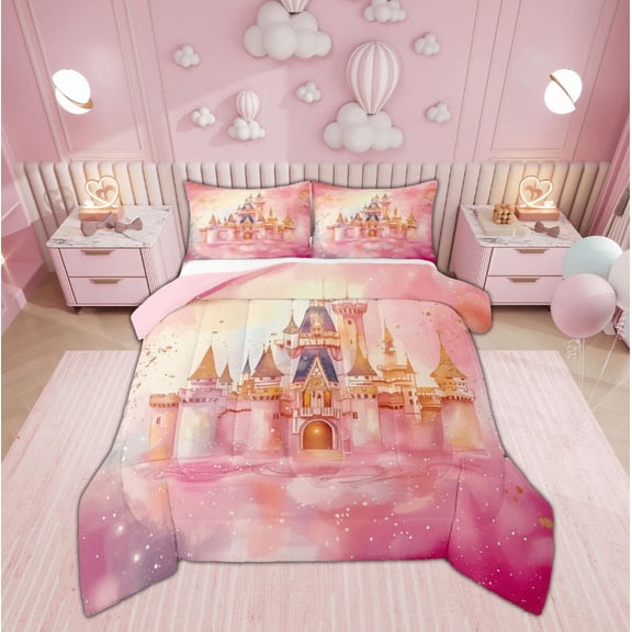 Feelyou Pink Cartoon Castle Bedding Comforter Set, Dreamy Watercolor Twin Comforter Sets, Fairy Tale Bedding Set, Breathable Room Decoration, 2-Piece