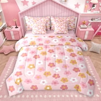 Manfei Pink Cartoon Floral 7-Piece Twin Bedding Sets,Rustic Flower Bedding Comforter Set,Cute Daisy Sheet Sets For Children,Super Cozy Room Decor Reversible