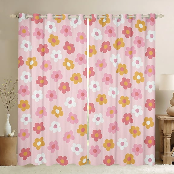 Manfei Pink Cartoon Floral Black Out Curtains,Rustic Flower Curtains Pack of 2 (42x63 Each),Cute Daisy Bedroom Curtains For Children,Super Cozy Room Decor