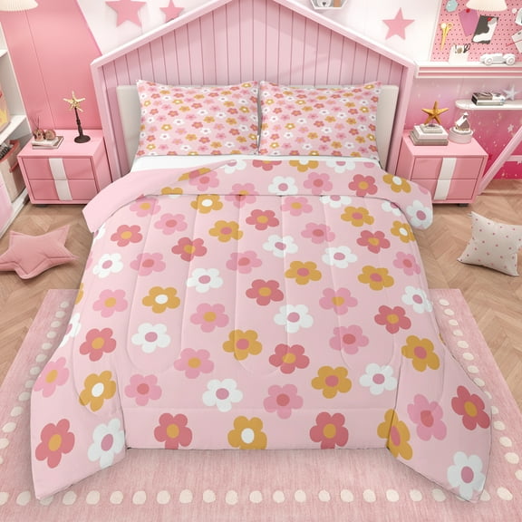 Manfei Pink Cartoon Floral Full Size Comforter Sets,Rustic Flower Bedding Comforter Set,Cute Daisy Bedding Sets For Children,Super Cozy Room Decor Reversible,3 Pieces