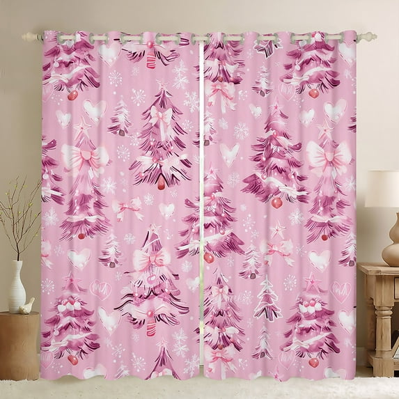 Manfei Pink Cartoon Xmas Tree Blackout Curtains Set of 2 (52x84 Each), Winter Christmas Snowflake Window Curtains, Dreamy Fairy Tale Curtains and Drapes, Living Room Curtains Decor