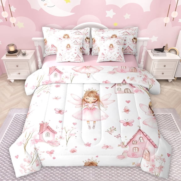 Manfei Pink Castle Elf 7 Pieces Bedding Comforter Set,Dreamy Fairy Tale Full Bedding Set,Kawaii Flowers Butterflies Fitted Sheet Flat Sheet For Girls Kids,Ultra Soft Home Decor Reversible