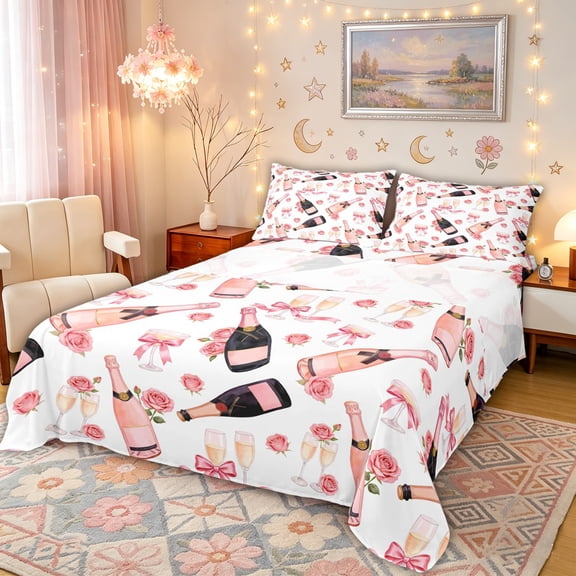 Manfei Pink Champagne Rose Print Bed Sheets for Women, Elegant Wine Floral King Sheets, 4 Pieces