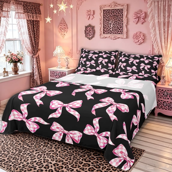 Manfei Pink Checkered Bows Black Print Bed Sheets for Girls, Cute Ribbon Bows King Sheets, 4-Piece