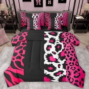Manfei Pink Cheetah Print Bedding Comforter Set 7pcs for Teens, Chic Modern Abstract King Bedding Sets, Fashion Polkadots Reversible Bed Sheets, Lightweight Room Decor