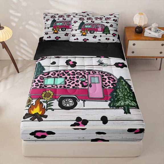 Manfei Pink Cheetah Print Zipper Twin Comforter Sets with Fitted Sheet and 2 Pillowcases,Cartoon Rv Zipper Bedding Set,Black Reversible,4pcs
