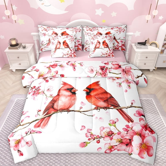 Manfei Pink Cherry Blossom 7-Piece Bedding Comforter Set,Christmas Cardinals King Bedding Sets,Red Birds Bed Sheets For Teens,Super Cozy Room Decor Reversible