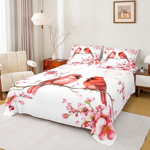 Manfei Pink Cherry Blossom Bed Sheets,Christmas Cardinals King Sheets,Red Birds Sheet Set For Teens,Super Cozy Room Decor,4 Pieces