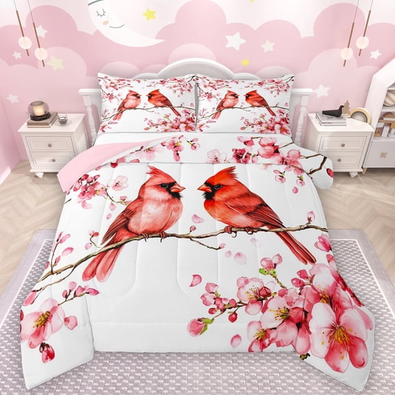 Manfei Pink Cherry Blossom Bedding Comforter Set,Christmas Cardinals Twin Comforter Sets,Red Birds Bedding Set For Teens,Super Cozy Room Decor Reversible,2 Pieces