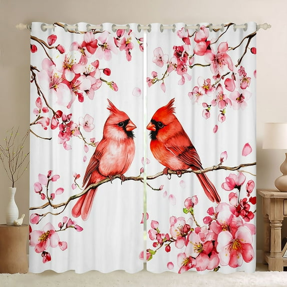 Manfei Pink Cherry Blossom Black Out Curtains,Christmas Cardinals Curtains Pack of 2 (42x63 Each),Red Birds Bedroom Curtains For Teens,Super Cozy Room Decor