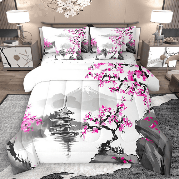 Manfei Pink Cherry Blossoms Bedding Comforter Set 7-Piece, Japanese Traditional Building Full Bedding Set, Nature Lake Mountain Fitted Sheet Flat Sheet, Breathable Home Decor