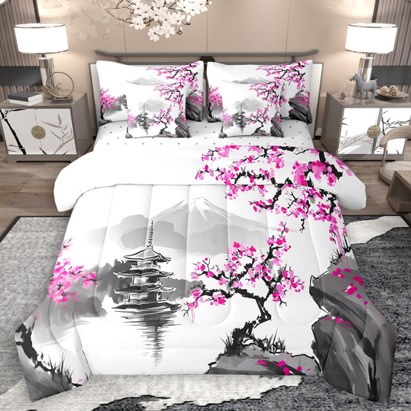 Manfei Pink Cherry Blossoms Bedding Comforter Set 7-Piece, Japanese Traditional Building Full Bedding Set, Nature Lake Mountain Fitted Sheet Flat Sheet, Breathable Home Decor