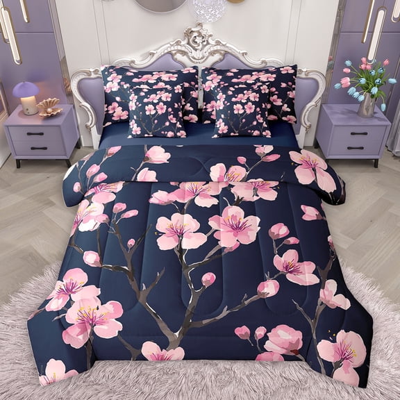 Homewish Pink Cherry Blossoms Bedding Comforter Set 7pcs, Japanese Style King Bedding Sets, Vintage Oil Printing Reversible Bed Sheets, Microfiber Bedroom Decor
