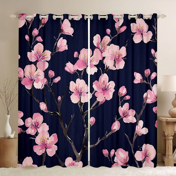 Homewish Pink Cherry Blossoms Blackout Curtains Set of 2 (52x84 Each), Japanese Style Window Curtains, Vintage Oil Printing Curtains and Drapes, Curtains and Drapes Bedroom Decor