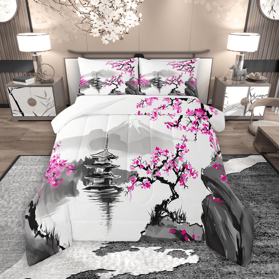 Manfei Pink Cherry Blossoms Full Size Comforter Sets 3-Piece, Japanese Traditional Building Bedding Comforter Set, Nature Lake Mountain Bedding Sets, Breathable Home Decor