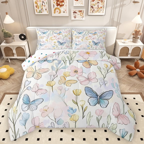 Homewish Pink Cherry Blossoms Full Size Comforter Sets for Kids, Cute Butterfly Animal Bedding Comforter Set, Kawaii Cartoon Reversible Bedding Sets, Breathable Home Decor, 3-Piece