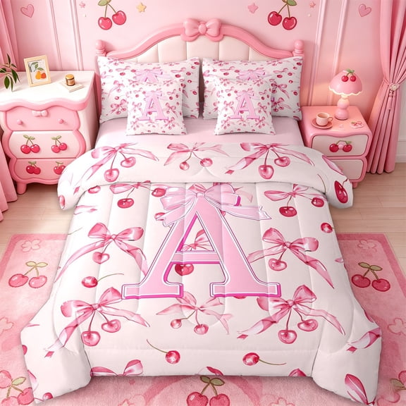 Manfei Pink Cherry Bow 7-Piece Twin Bedding Sets For Girls,Cartoon 3D Letter A Initial Bedding Comforter Set For Kids,Pink Reversible
