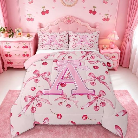 Manfei Pink Cherry Bow Full Size Comforter Sets For Girls,Cartoon 3D Letter A Initial Bedding Sets For Kids,Pink Reversible,3 Pieces