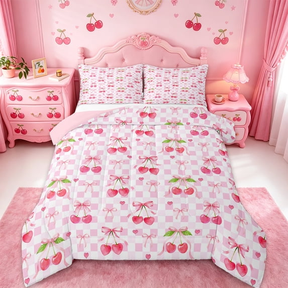 Manfei Pink Cherry Bow Queen Comforter Set For Girls,Dreamy Princess Themed Bedding Comforter Set For Kids,Pink Reversible,3 Pieces