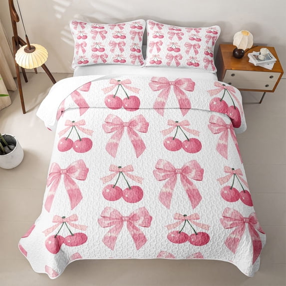 Manfei Pink Cherry Quilt King For Kids,Princess Bow King Coverlet Set For Girls,3 Pieces