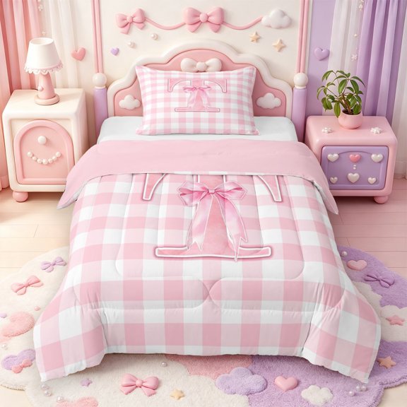 Manfei Pink Chic Bow Tie Twin Comforter Sets,Initial Alphabet T Pattern Bedding Set,Pink Reversible,2-Piece,1 Comforter and 1 Pillowcase