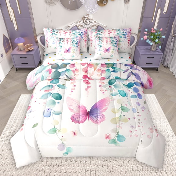 Manfei Pink Chic Butterfly 7-Piece Bedding Comforter Set,Colorful Leaves King Bedding Sets,Rustic Plant Bed Sheets For Girl,Luxury Bedroom Decor Reversible