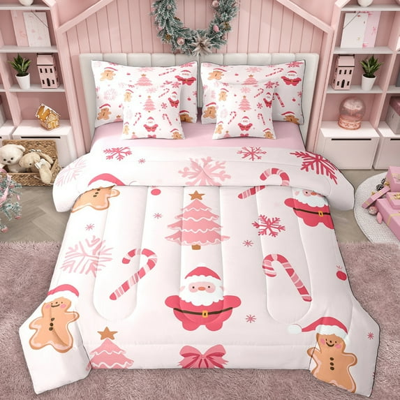 Manfei Pink Christmas Tree 7-Piece Twin Bedding Sets,Cute Santa Claus Bedding Comforter Set,Brown Gingerbread Man Sheet Sets For Girl Boy,Ultra Soft Home Decor Reversible
