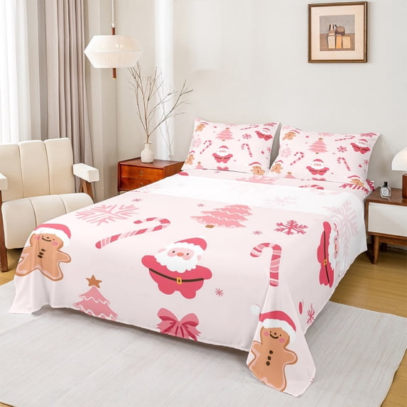 Manfei Pink Christmas Tree Bed Sheets,Cute Santa Claus King Sheets,Brown Gingerbread Man Sheet Set For Girl Boy,Ultra Soft Home Decor,4pcs