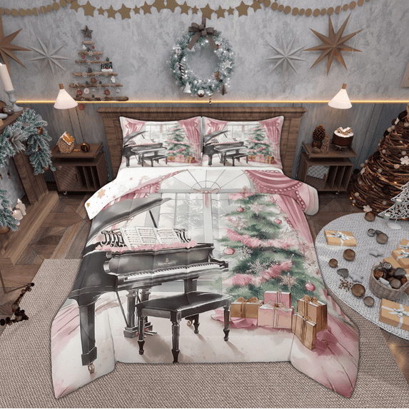 Manfei Pink Christmas Tree Bedding Comforter Set for Kids, Cartoon Princess Twin Comforter Sets, Western Retro Piano Reversible Bedding Set, Lightweight Room Decor, 2-Piece
